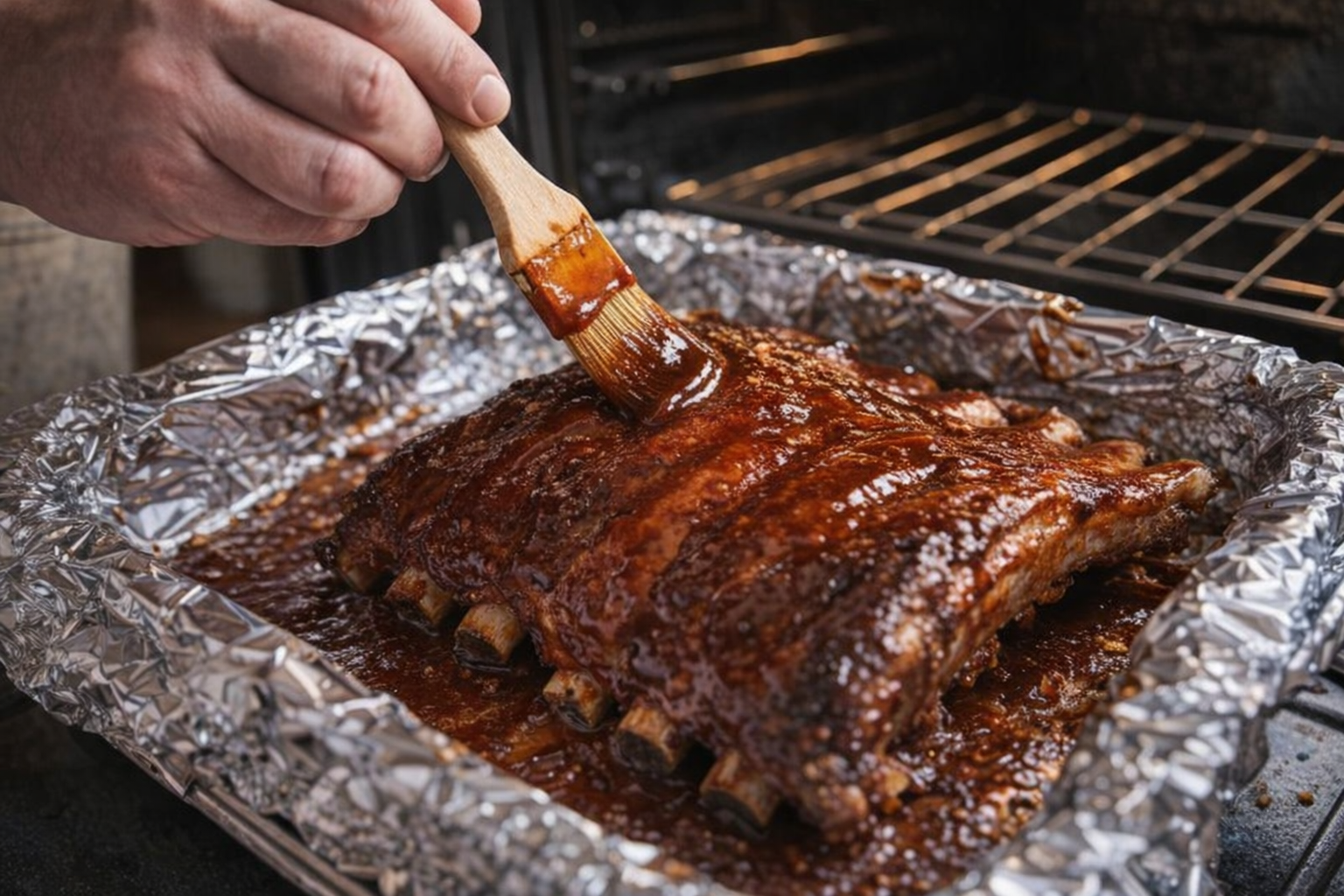An action shot of a hand basting ribs with BBQ sauce in a foil-lined baking pan, oven rack visible in the background
